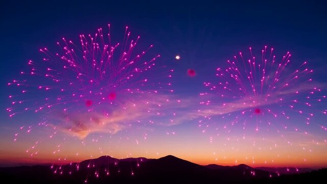 Pink fireworks exploding over mountain silhouettes at sunset