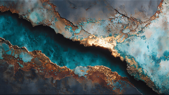 Abstract turquoise and gold mineral vein with rust and crack details