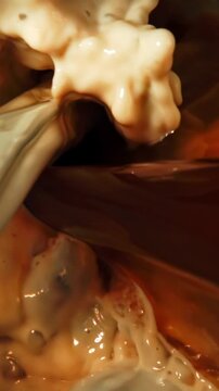 Mixing milk and coffee streams. Top view. Filmed on a high-speed camera at 1000 fps. High quality FullHD footage