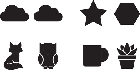 Black graphic icon collection showcasing decorative weather symbols math geometry shapes woodland forest animals morning tea cup and potted houseplant isolated on white