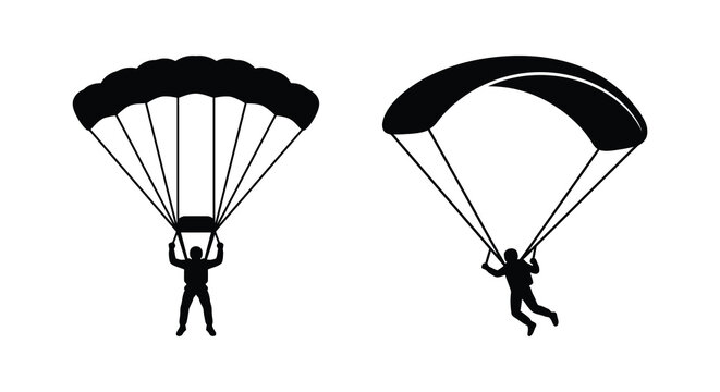 parachute jumpers silhouette with two styles on white background silhouette
