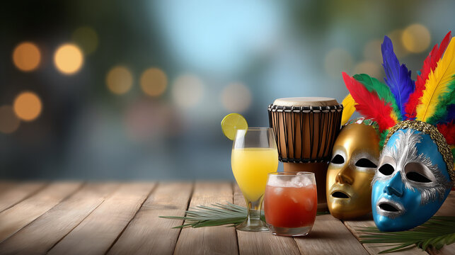 Vibrant Miami Carnival masks and drinks on a wooden table outdoors
