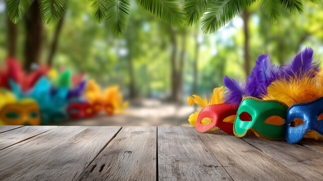 Vibrant Mardi Gras masks on a rustic wooden table at Miami Carnival celebration