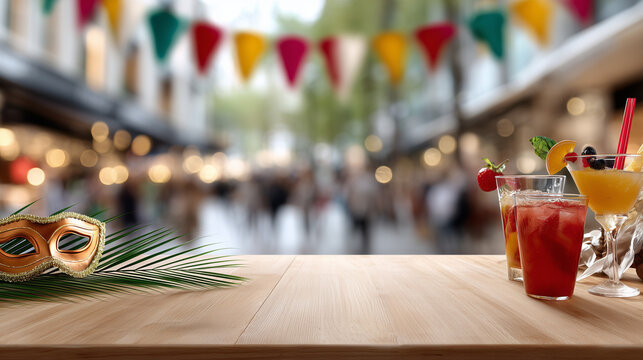 Vibrant Miami Carnival celebration with colorful drinks on a wooden table outdoors
