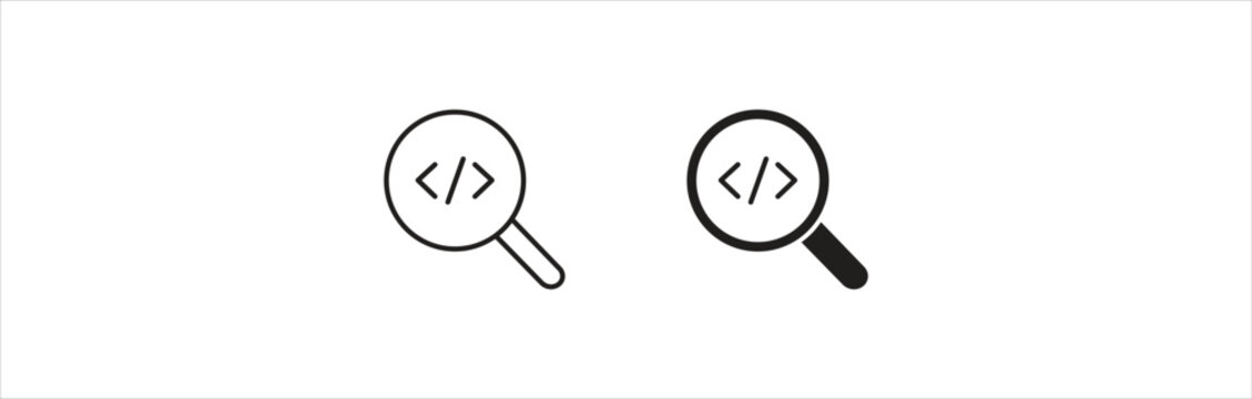 Code Search Icons Set. Programming, Development and Source Code Search Symbols Collection. Vector Illustration.