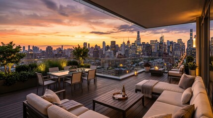 Fototapeta premium Rooftop terrace furnished with lounge seating and dining area overlooking city skyline at sunset