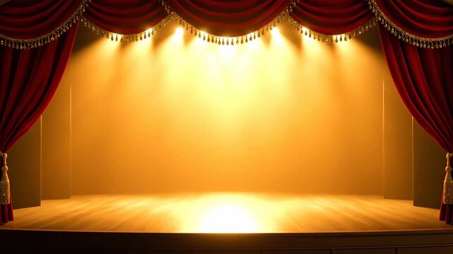 Theatrical red curtain opening sequence with falling gold confetti for a grand reveal. An empty stage is illuminated by bright spotlights for a show or presentation background