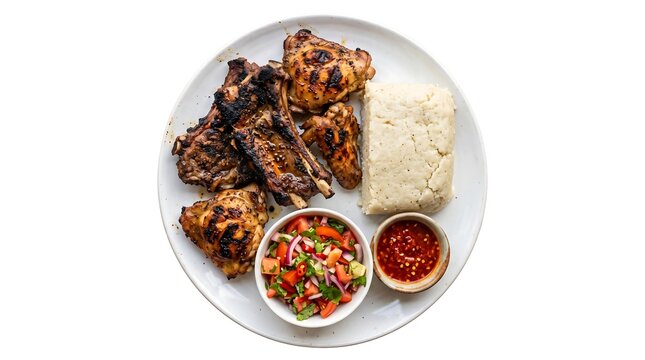 Grilled chicken thighs with vegetables salad and traditional ugali dish on white plate