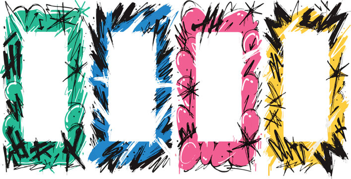 Grunge color frame templates with scribbles, aerosol paint, and ink drips. Set of graffiti spray art layout backgrounds with abstract street art elements. vector eps