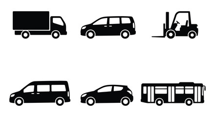 Naklejka premium set of vehicle silhouettes including truck van bus and forklift silhouette