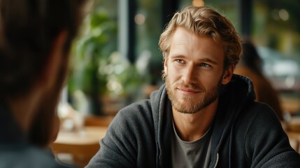 Fototapeta premium Young man with beard in hoodie having a conversation. Close up portrait of a male in a cafe setting