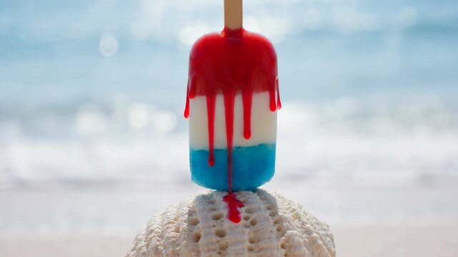 Red white and blue popsicle melting on a sea shell at the beach