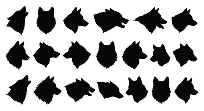 collection of wolf head silhouettes in various poses silhouette