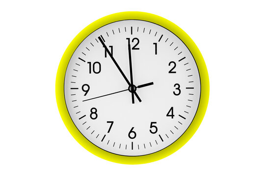 Yellow watch, wall clock 11 hours 45 minutes on isolated or white background close up