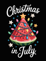 Obraz premium A watermelon is cleverly depicted as a Christmas tree. Bright lights and a star adorn the fruit, set against a dark background.