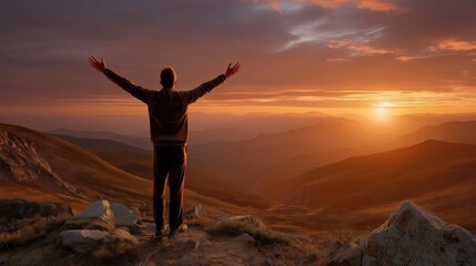 Fototapeta premium Man standing on mountain peak with arms outstretched at sunset. Success and freedom concept in nature