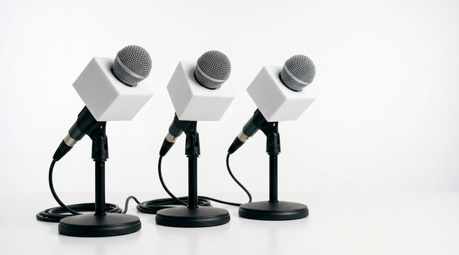 Multiple professional microphones with blank white cubes on stands ready for press conference interview
