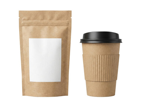 Coffee cup and kraft paper pouch bag packaging mockup