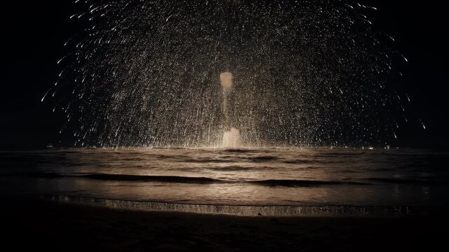 Spectacular single large firework explosion over the ocean at night