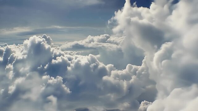 Vast expanse of fluffy white cumulus clouds seen from above with blue sky and sunlight filtering