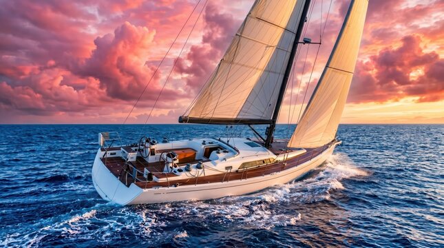 Sailing yacht heeling through open sea under full sails with sunset clouds and rolling waves on expansive ocean horizon