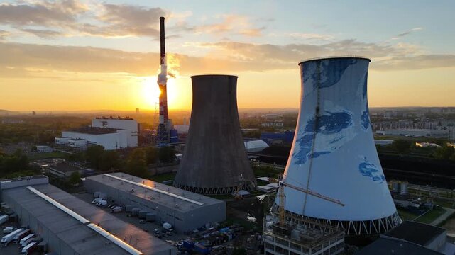 Aerial view of industrial cooling towers at sunset, showcasing steam rising from the chimney, with a vibrant sky and factory buildings in the background, highlighting the industrial landscape