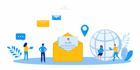 Fototapeta premium email communication scene with people laptops globe and speech bubbles