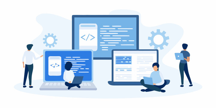 team working on laptops with code screens flat illustration