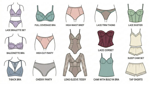 Minimal women&rsquo;s lingerie fashion sketch vector collection with lace bra and underwear designs