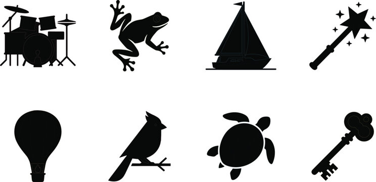 Black silhouette vector icon collection featuring musical drum kit, frog amphibian, nautical sailboat, magic star wand, hot air balloon, cardinal bird, sea turtle, antique key elements,