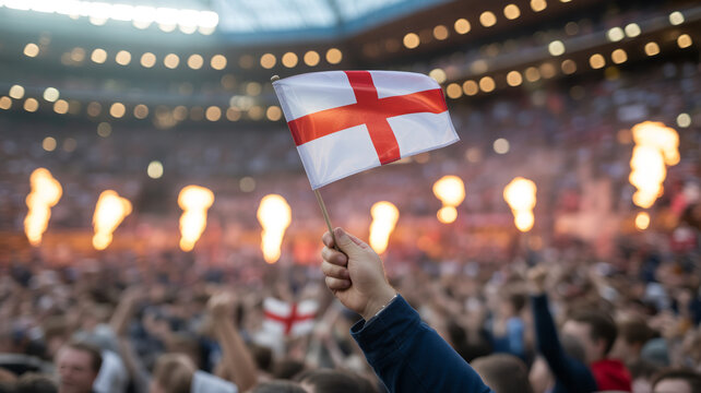 A fans hand waves an English flag above a cheering crowd in a brightly lit sports stadium