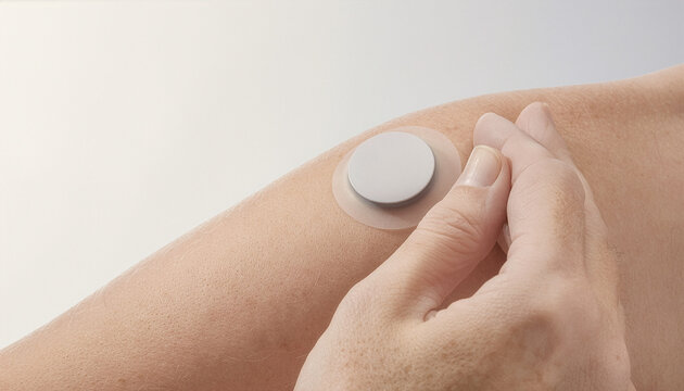 Hand applying glucose monitoring patch on the back of an upper arm, close-up view for diabetes management and health technology concept