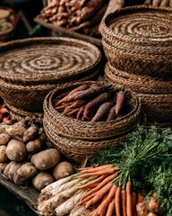 Obraz premium Handmade Woven Market Baskets with Fresh Root Vegetables at Outdoor Produce Stall