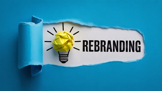 Creative business concept featuring a torn paper silhouette effect with a glowing lightbulb symbolizing innovation and a bold rebranding text for modern corporate identity