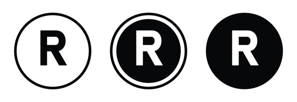 Registered trademark symbol icon set. R outline and solid style. black and white vector, white background. collection in circle frame vector illustration