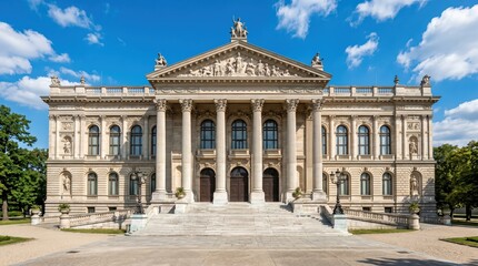 Obraz premium Historic neoclassical building facade with columns and carved pediment facing sunny public plaza and wide stone steps