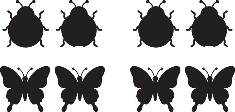 Black silhouette insect vector illustration set showing multiple ladybugs and butterflies isolated on a white background.