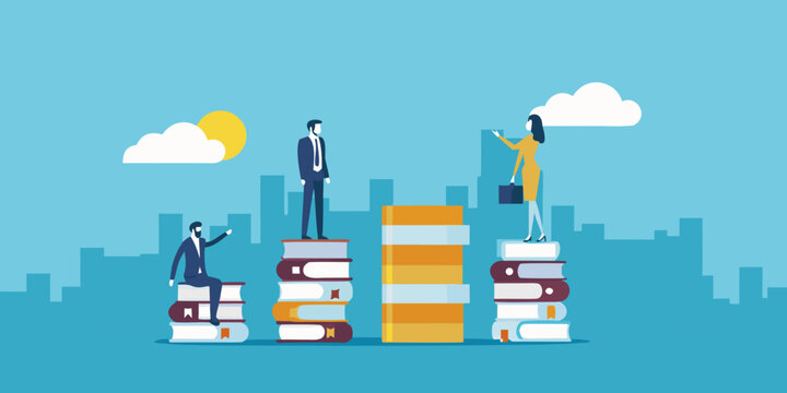 people standing on stacked books against cityscape background