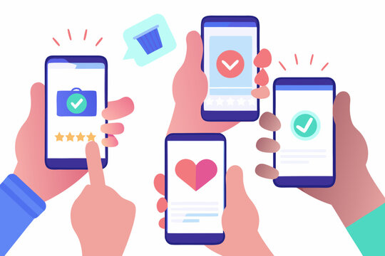 hands holding smartphones with app icons flat design illustration