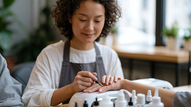 Licensed nail technician at a busy urban salon carefully brushes gel top coat onto a client's extended hand under a curing lamp, small brushes and acetone bottles organized across the workstation, t