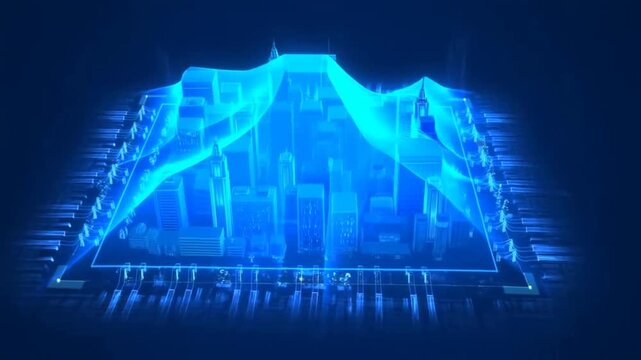 Aerial slow motion tracking of digital city model with red heatmap rising into blue mesh overlay in futuristic network grid
