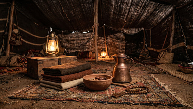 Cozy interior of a traditional Bedouin desert tent with lanterns, a copper pot, and rugs, cultural and nomadic lifestyle concept.