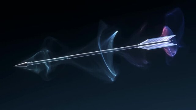 Tracking shot of glowing arrow streaking through smoky energy trail against dark void background