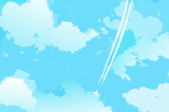 airplane flying through watercolor sky with contrails