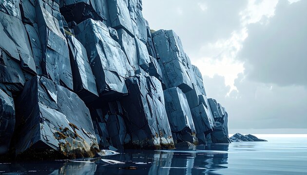 Jagged, dark volcanic rocks rise from calm, reflective ocean under a cloudy sky