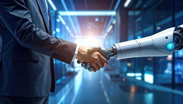 Businessman and robot handshake about tech innovation, machine learning progress and partnership with future Artificial General Intelligence