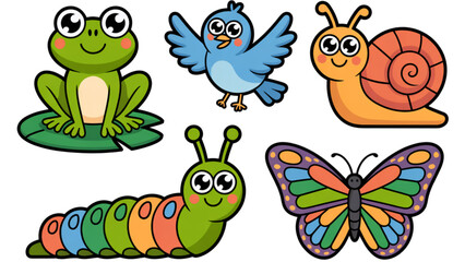 Obraz premium Colorful cartoon animals including frog, caterpillar, ladybug, and butterfly in a playful scene Vector