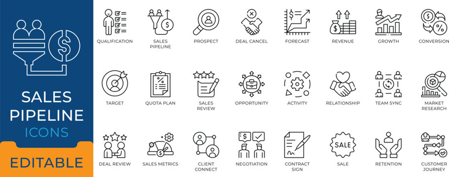 Sales pipeline and CRM strategy line icons. Minimal vector  symbols for customer journey, revenue growth, and lead conversion editable stroke.