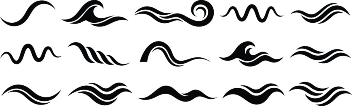 Wave silhouette collection black water swirls ocean curves and fluid motion graphics