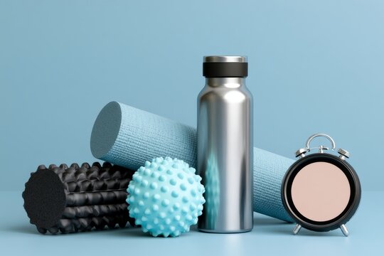 Foam rollers, massage ball, water bottle, and timer for fitness recovery